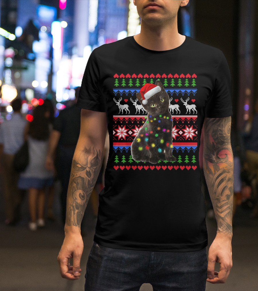 Santa Black Cat Christmas Lights Ugly Sweater Pattern Deer Snowflakes Hearts T-Shirt