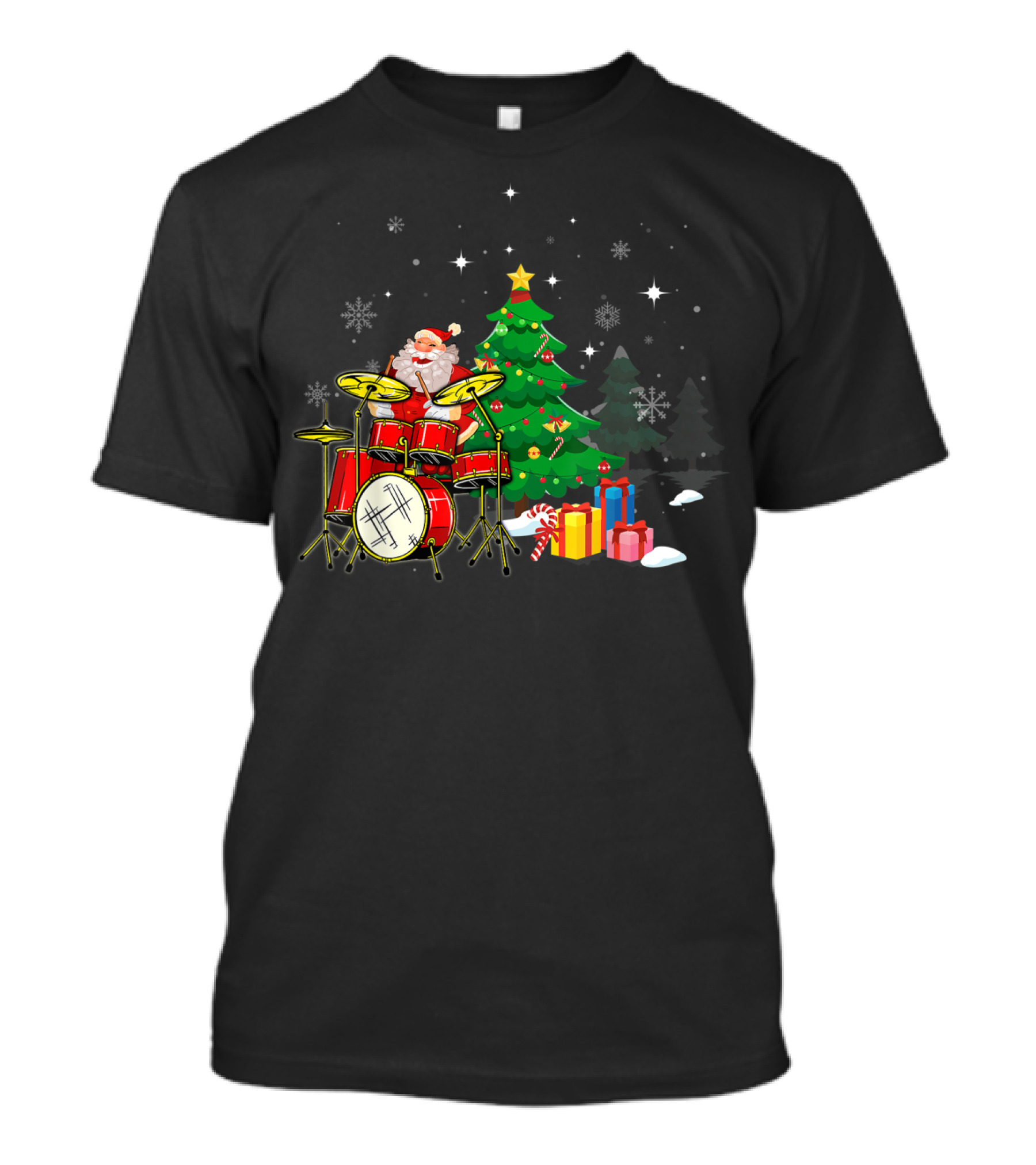 Santa Claus Drumming Beside Christmas Tree With Gifts And Snowflakes T-Shirt
