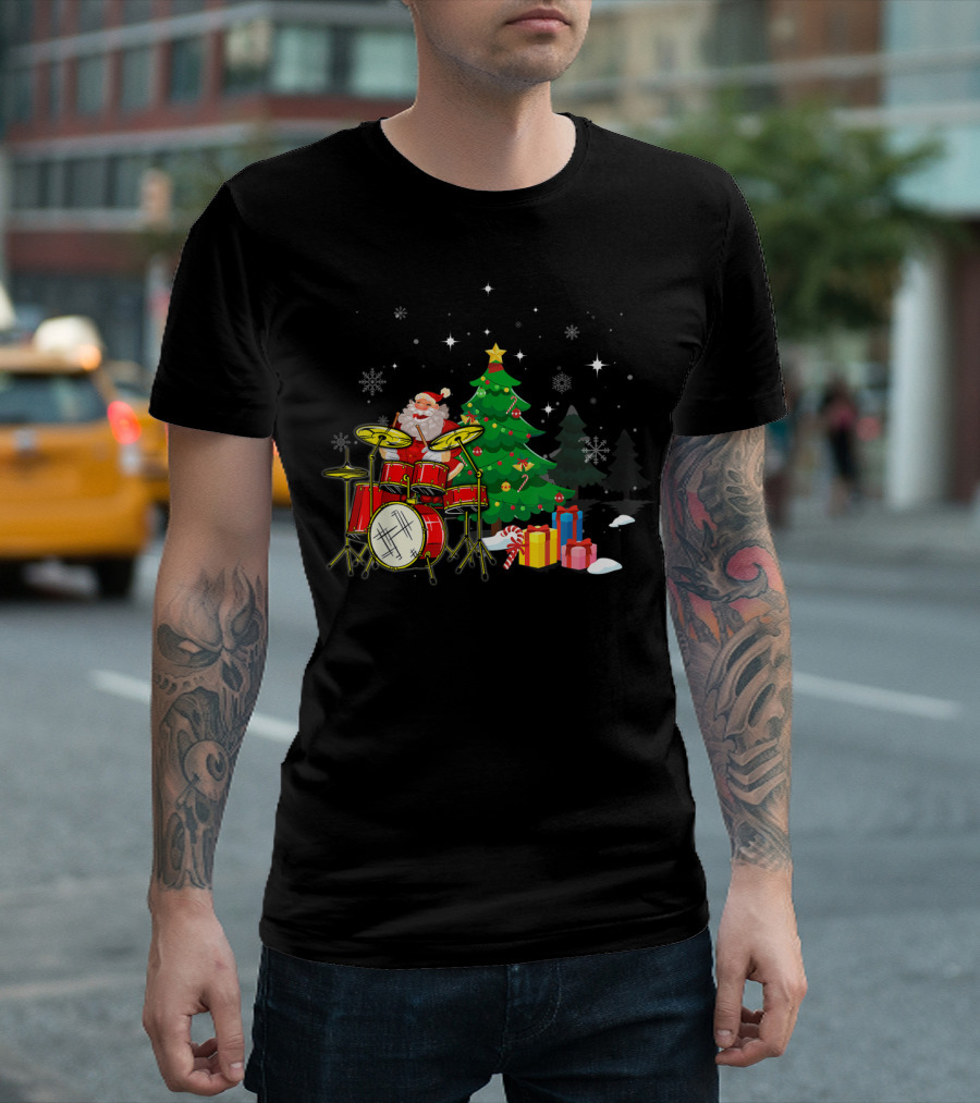 Santa Claus Drumming Beside Christmas Tree With Gifts And Snowflakes T-Shirt