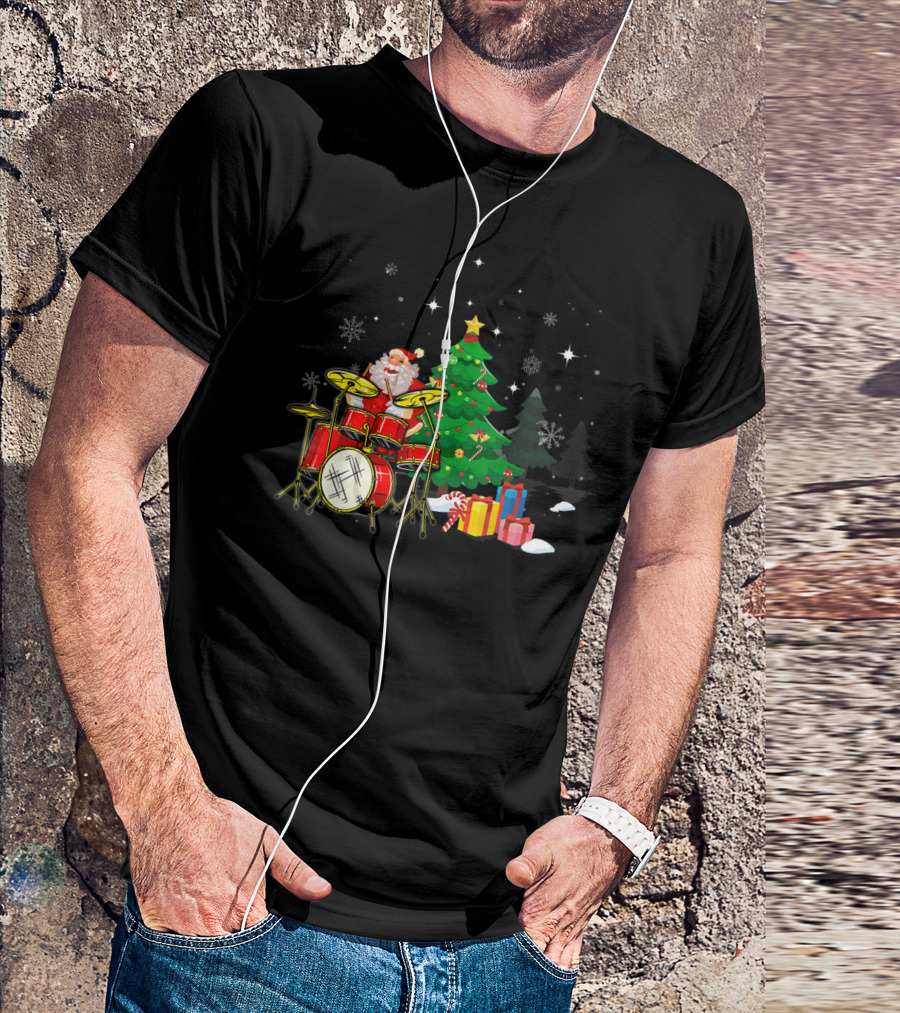 Santa Claus Drumming Beside Christmas Tree With Gifts And Snowflakes T-Shirt
