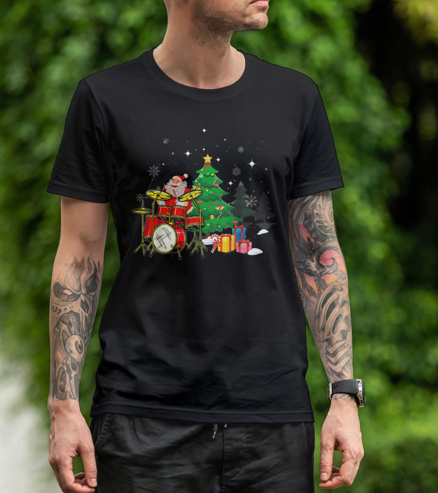 Santa Claus Drumming Beside Christmas Tree With Gifts And Snowflakes T-Shirt