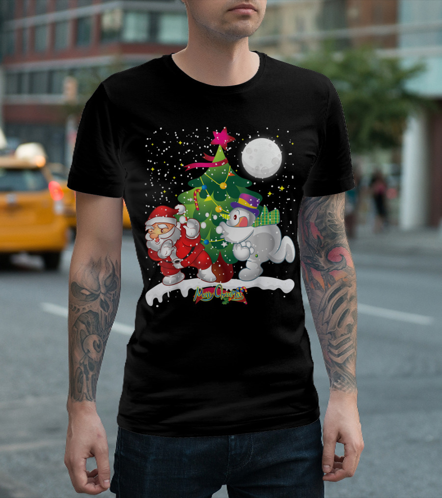 Santa Claus Snowman Merry Christmas Tree Snowfall T-Shirt
