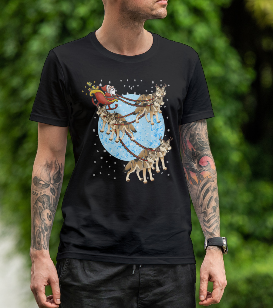 Santa Riding Wolf Pack Sleigh Under Full Moon T-Shirt