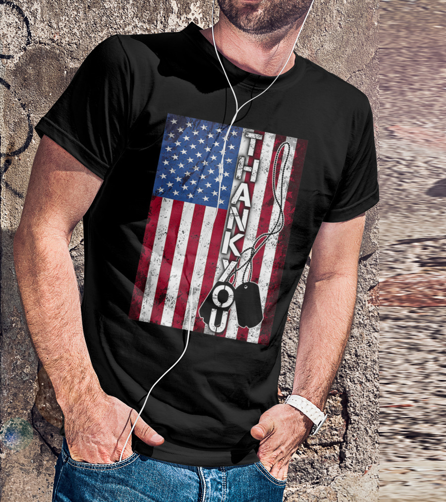 Thank You American Flag Dog Tags Patriotic Veterans T-Shirt