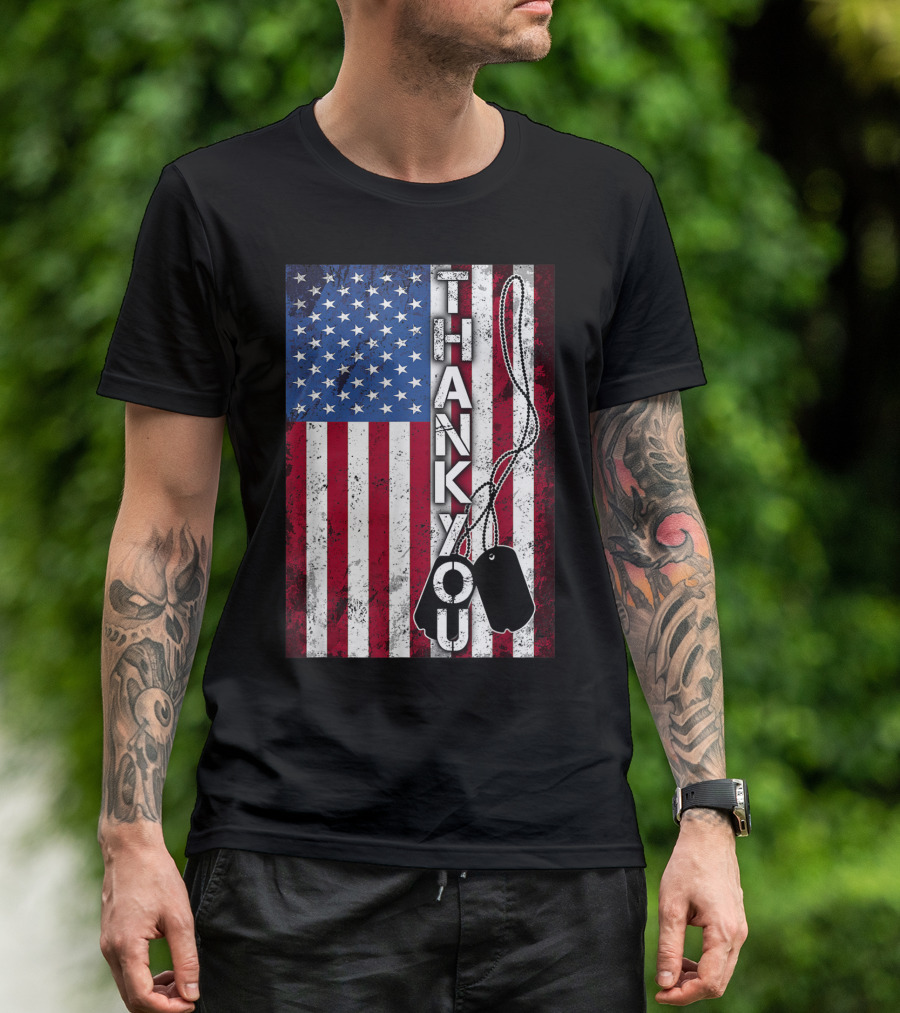 Thank You American Flag Dog Tags Patriotic Veterans T-Shirt