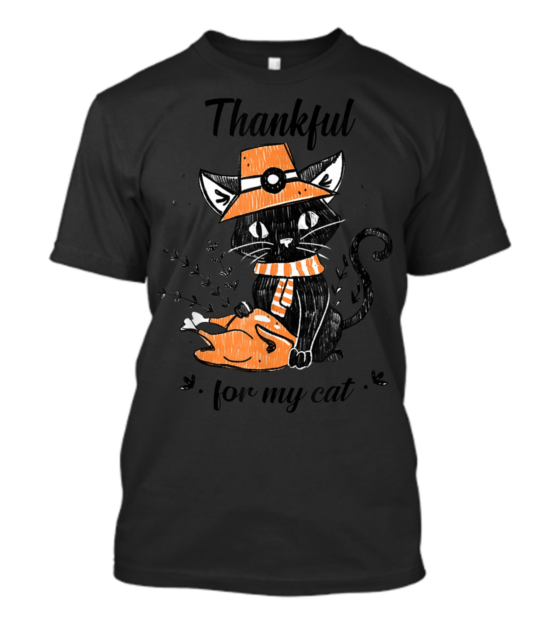 Thankful For My Cat With Turkey And Witch Hat T-Shirt