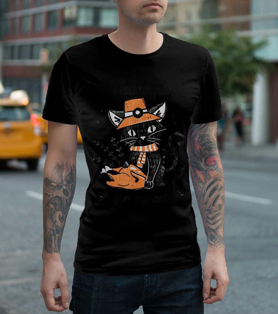 Thankful For My Cat With Turkey And Witch Hat T-Shirt