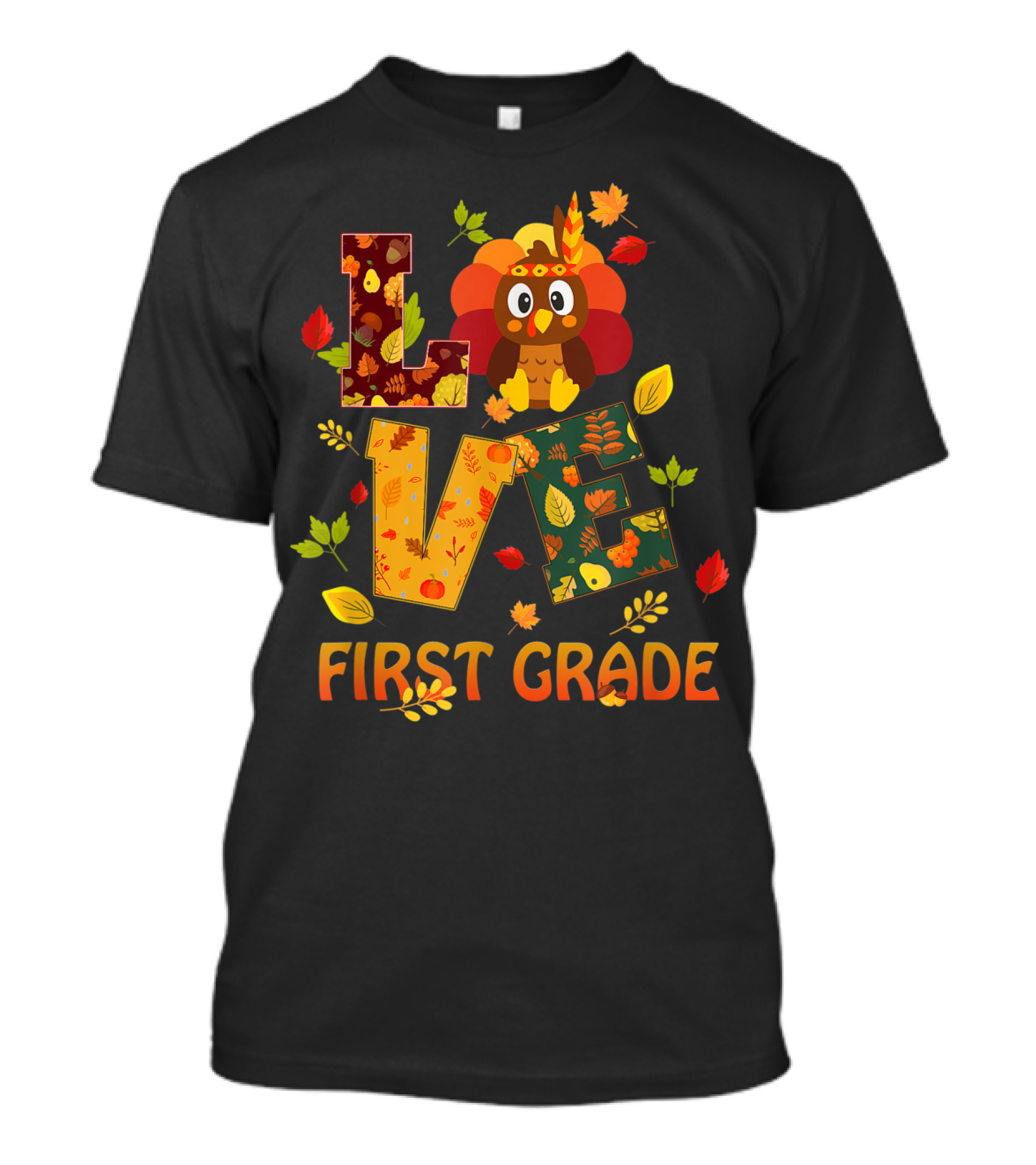 Thankful Love First Grade Teacher Owl Fall Leaves T-Shirt
