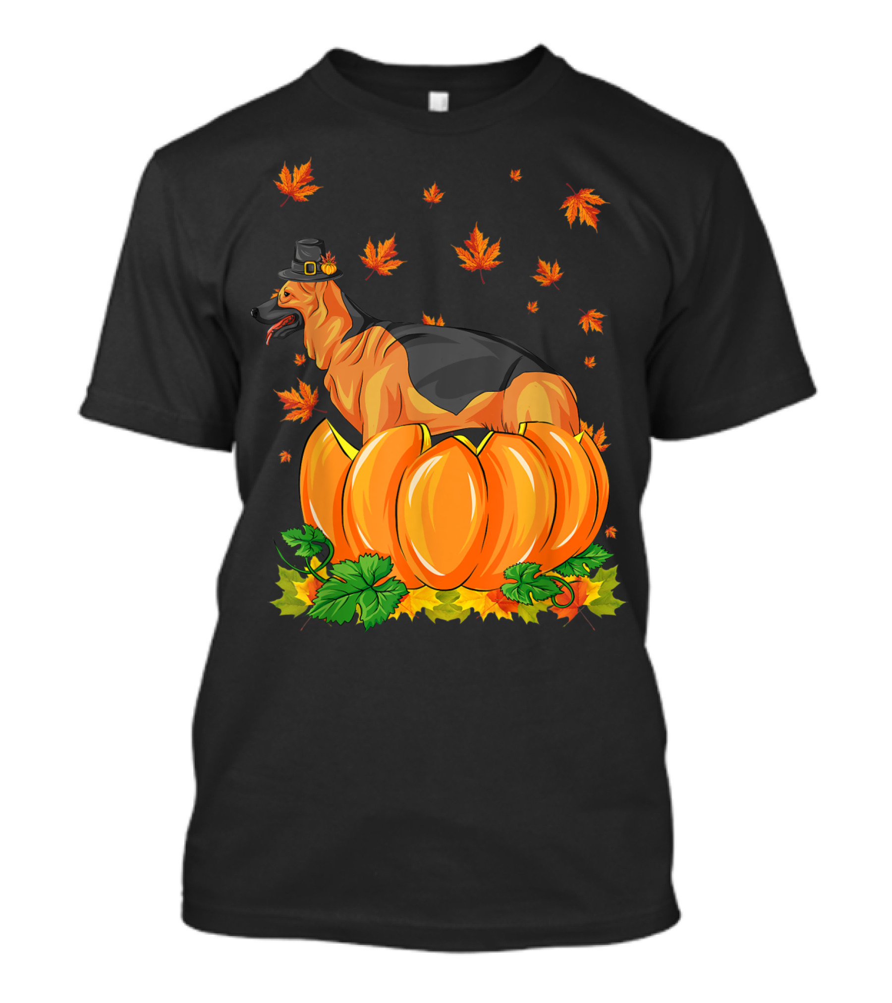 Thanksgiving German Shepherd Dog With Pilgrim Hat In Pumpkin Patch Fall Leaves T-Shirt