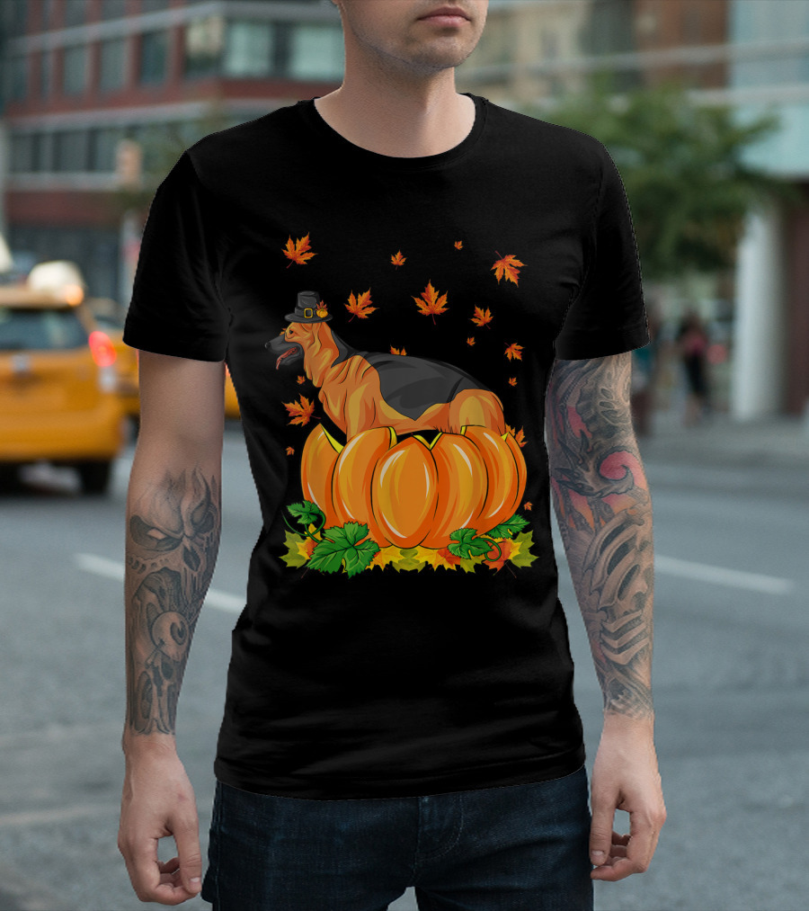 Thanksgiving German Shepherd Dog With Pilgrim Hat In Pumpkin Patch Fall Leaves T-Shirt