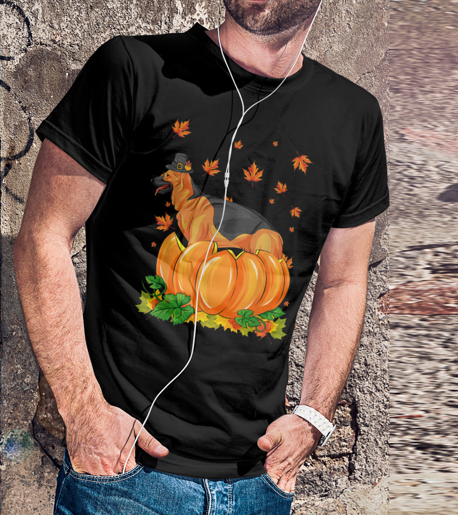 Thanksgiving German Shepherd Dog With Pilgrim Hat In Pumpkin Patch Fall Leaves T-Shirt