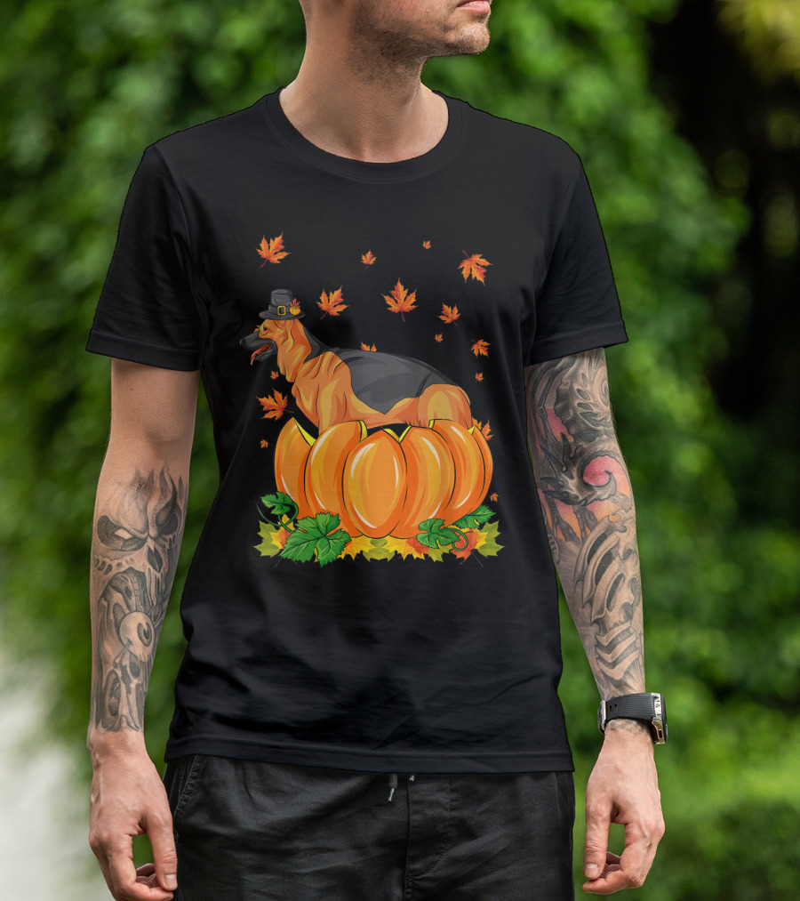 Thanksgiving German Shepherd Dog With Pilgrim Hat In Pumpkin Patch Fall Leaves T-Shirt