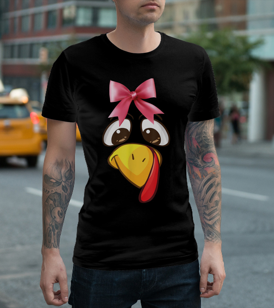 Thanksgiving Turkey Face With Pink Bow And Funny Expression T-Shirt
