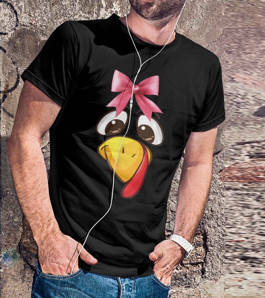 Thanksgiving Turkey Face With Pink Bow And Funny Expression T-Shirt
