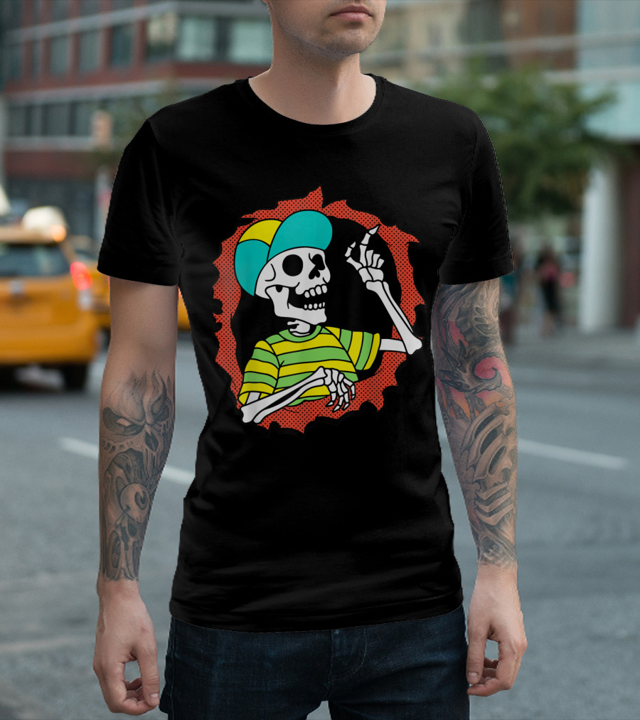 The Fresh Prince Skeleton Halloween Costume in Green and Yellow Stripe Shirt with Broken Wall Effect T-Shirt
