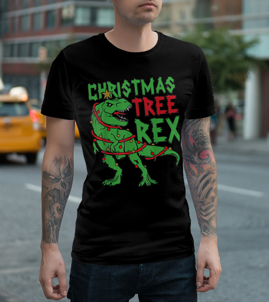 Christmas Tree Rex Dinosaur Holiday Lights T-Shirt