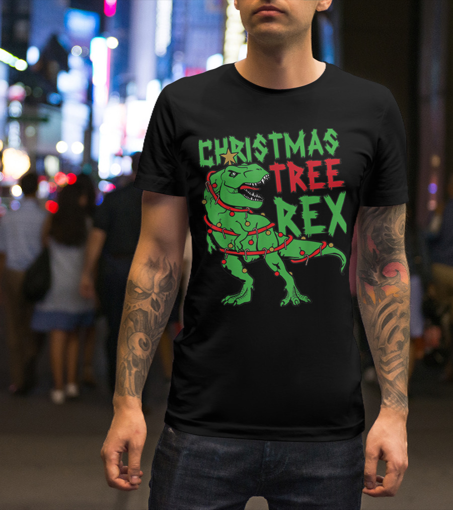 Christmas Tree Rex Dinosaur Holiday Lights T-Shirt