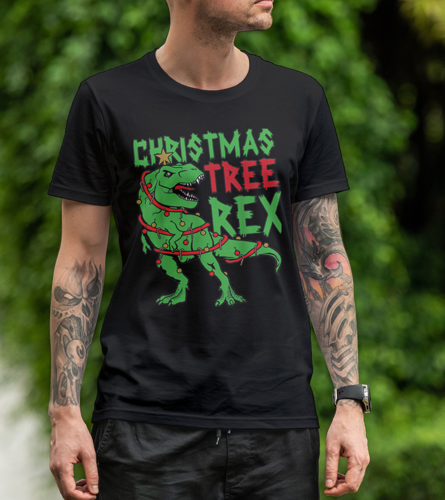 Christmas Tree Rex Dinosaur Holiday Lights T-Shirt