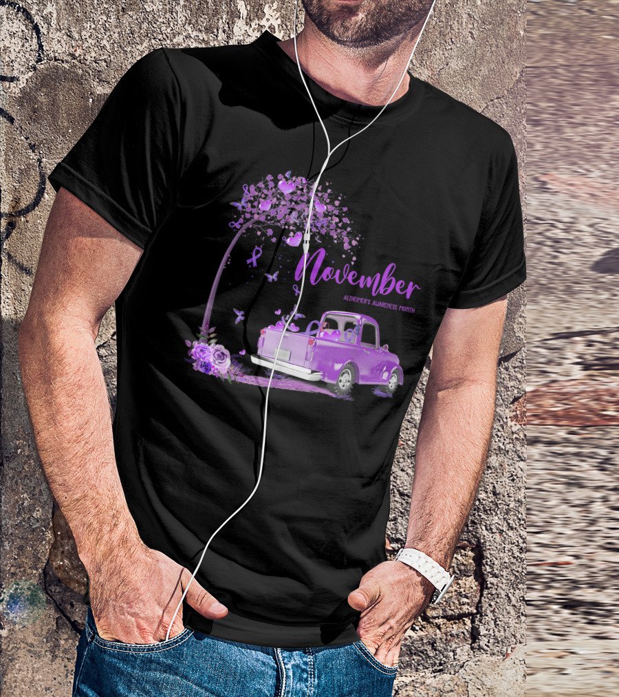 November Alzheimer's Awareness Month Purple Ribbon Truck T-Shirt