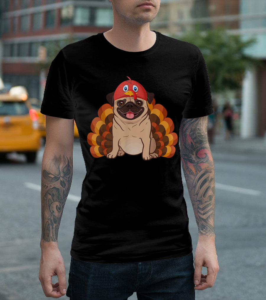 Turkey Pug with Festive Feathers and Red Hat T-Shirt