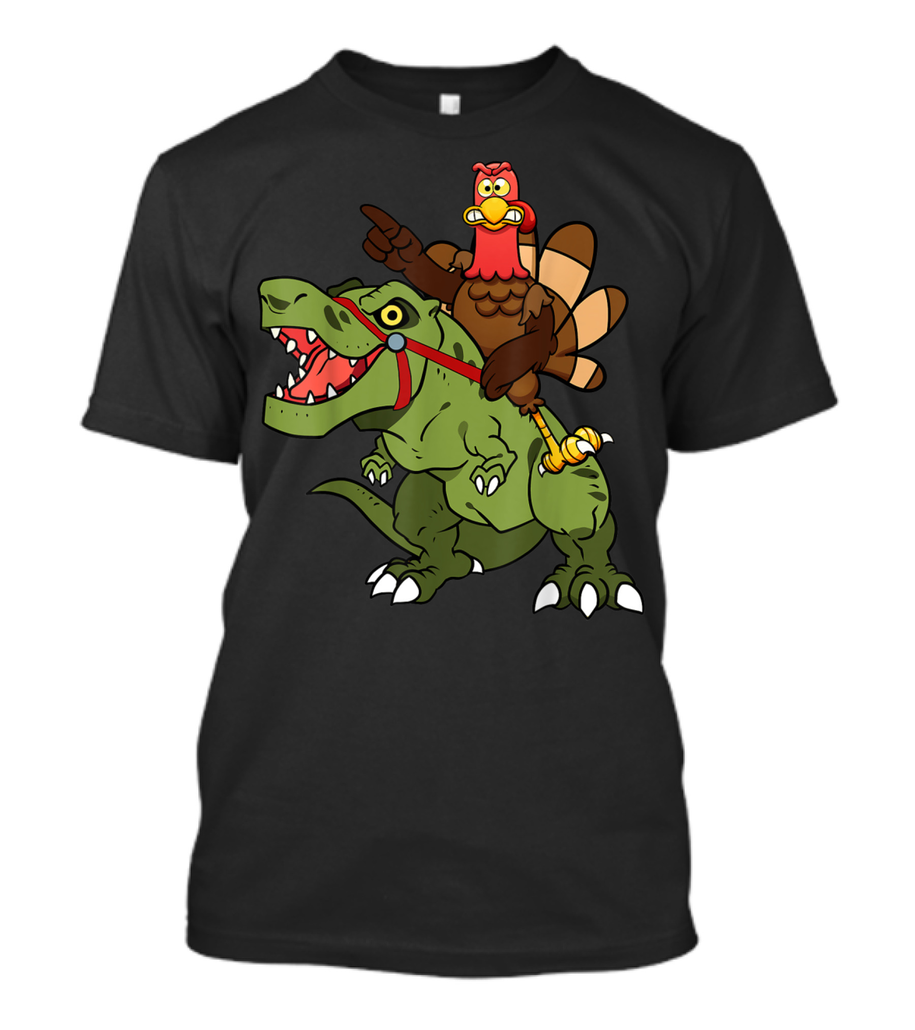 Turkey Riding Rex Dinosaur Illustration Humorous Cartoon T-Shirt