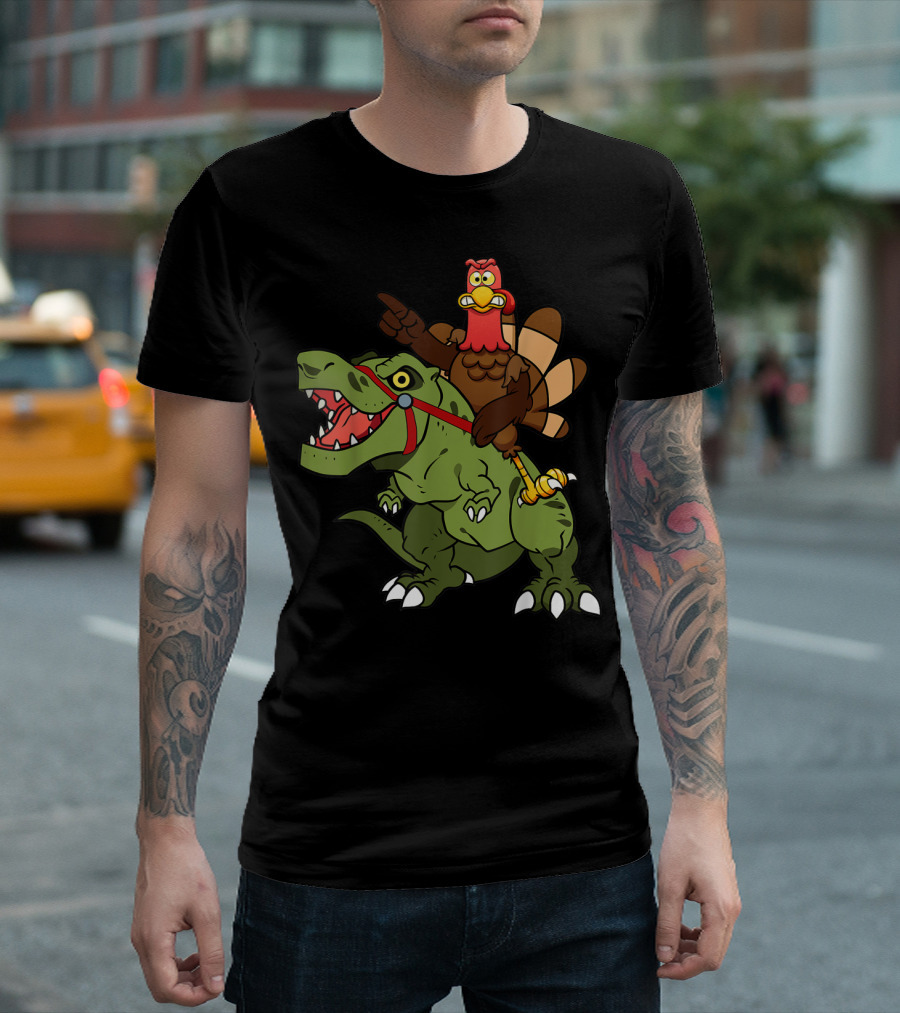 Turkey Riding Rex Dinosaur Illustration Humorous Cartoon T-Shirt