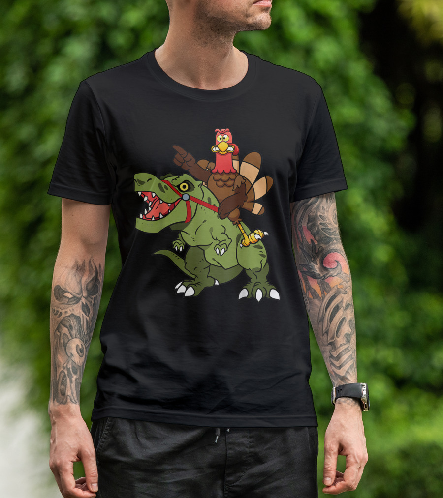 Turkey Riding Rex Dinosaur Illustration Humorous Cartoon T-Shirt