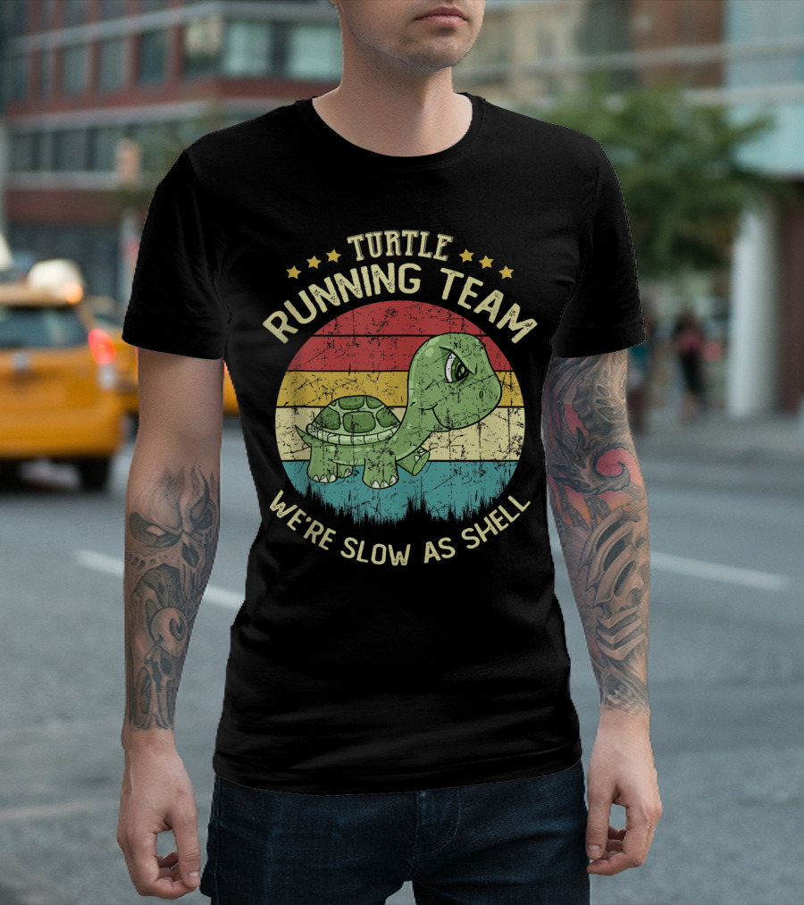 Turtle Running Team We're Slow As Shell Retro Stripes Cute Cartoon T-Shirt