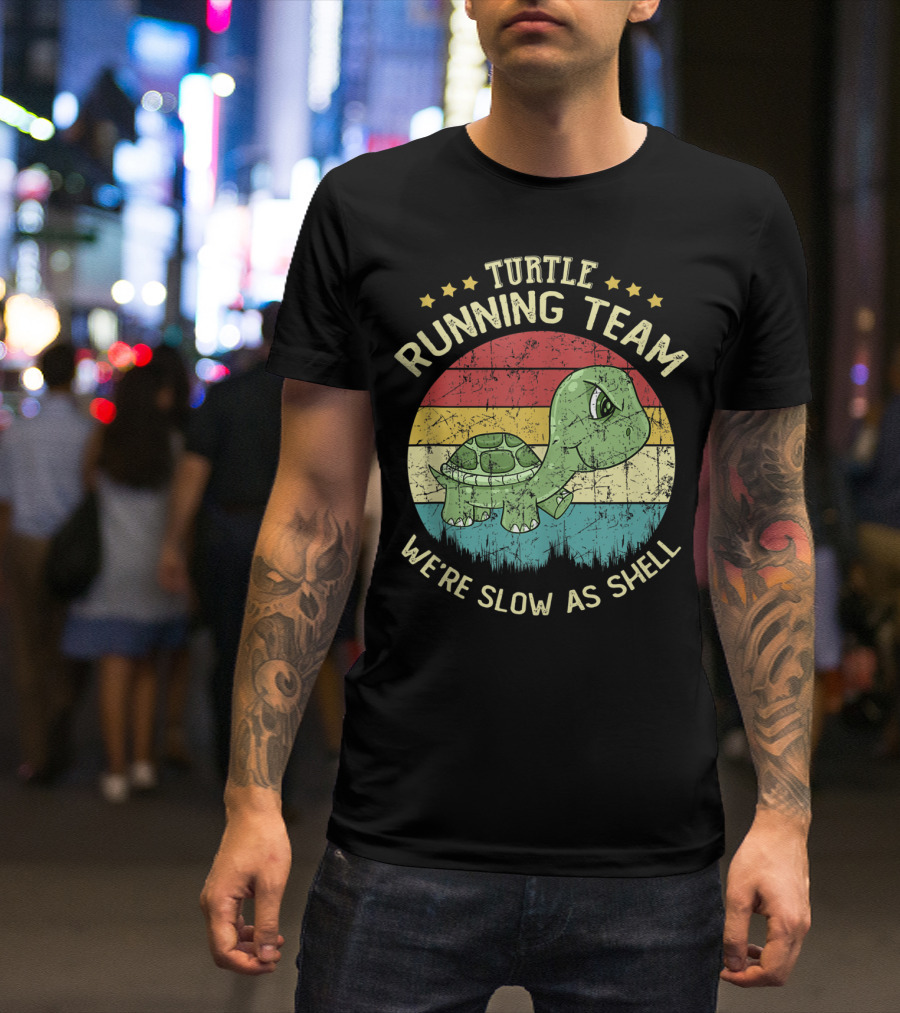 Turtle Running Team We're Slow As Shell Retro Stripes Cute Cartoon T-Shirt
