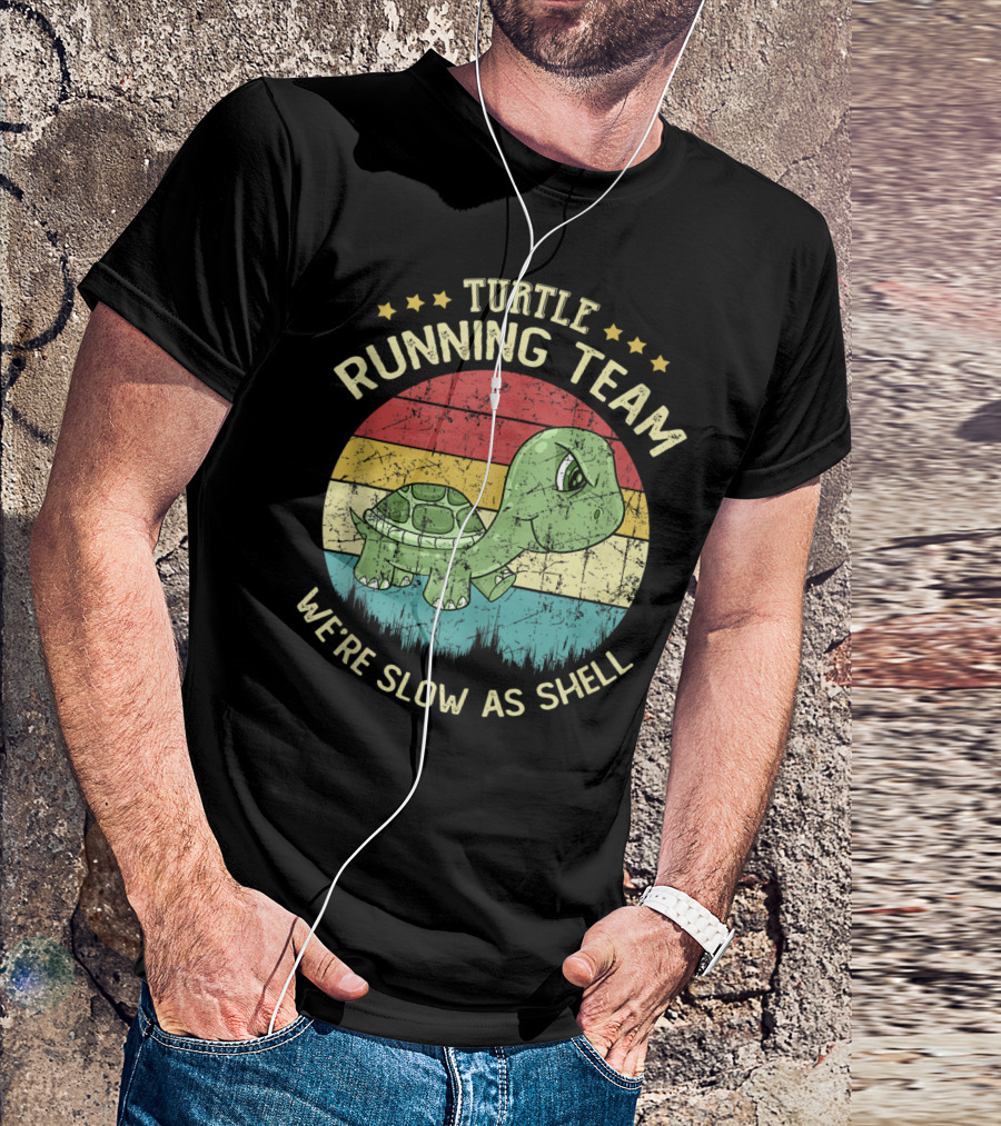 Turtle Running Team We're Slow As Shell Retro Stripes Cute Cartoon T-Shirt