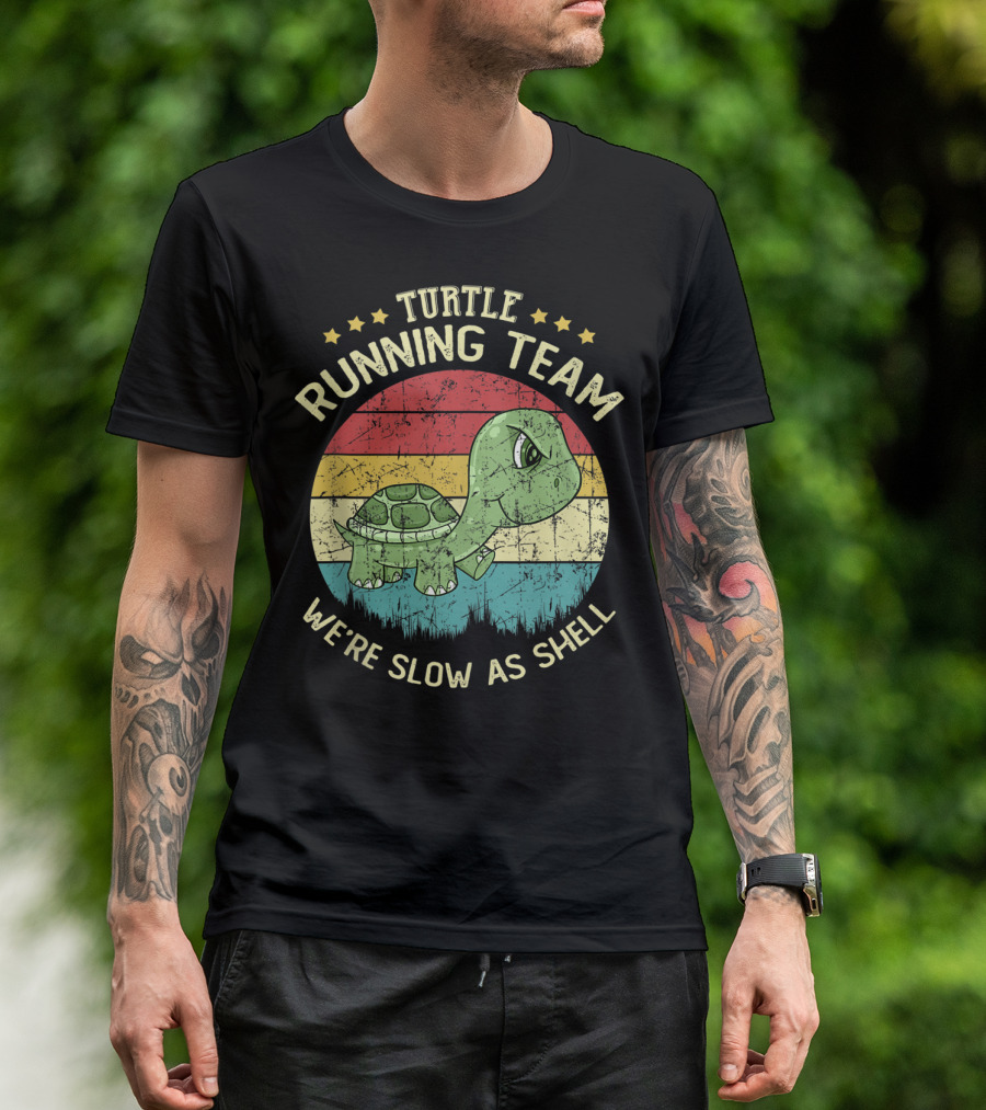 Turtle Running Team We're Slow As Shell Retro Stripes Cute Cartoon T-Shirt