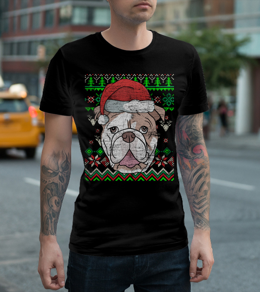 Ugly Christmas Bulldog Red Santa Hat Festive T-Shirt