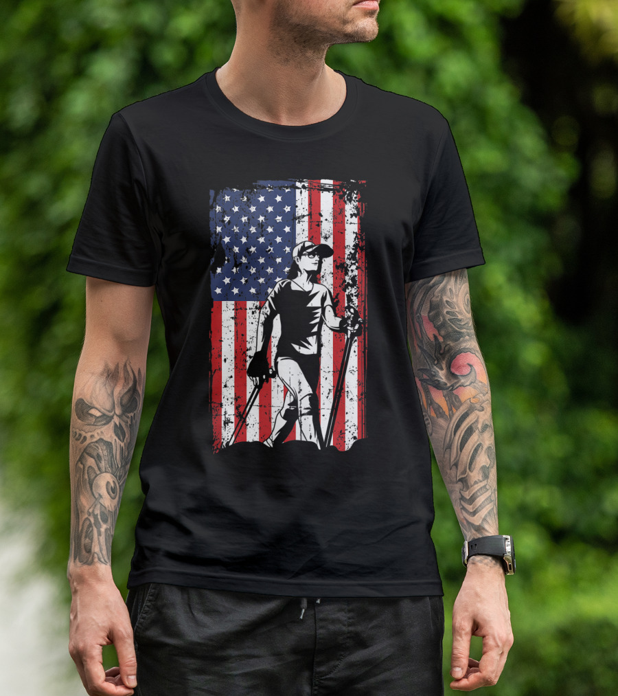 4Th Of July American Flag Hiking Trail IQ Outdoors T-Shirt