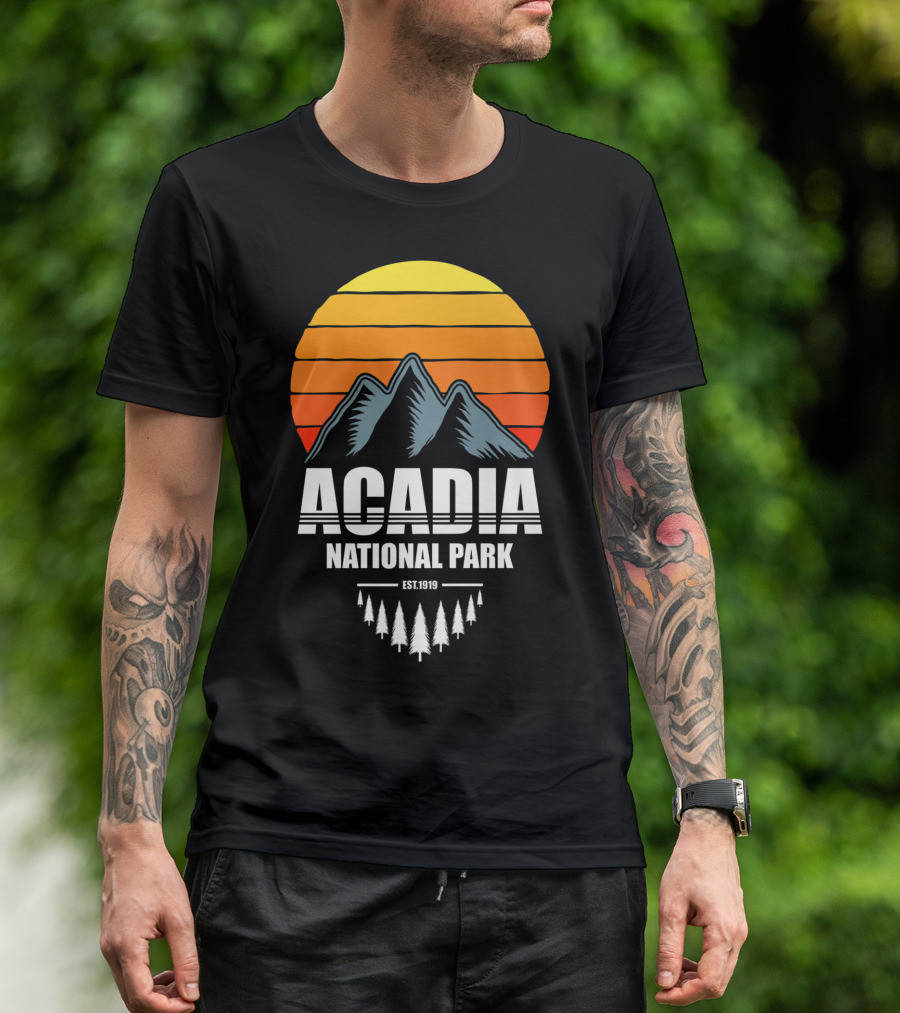 Acadia National Park Mountains Est. 1919 Sunset Pine Trees T-Shirt