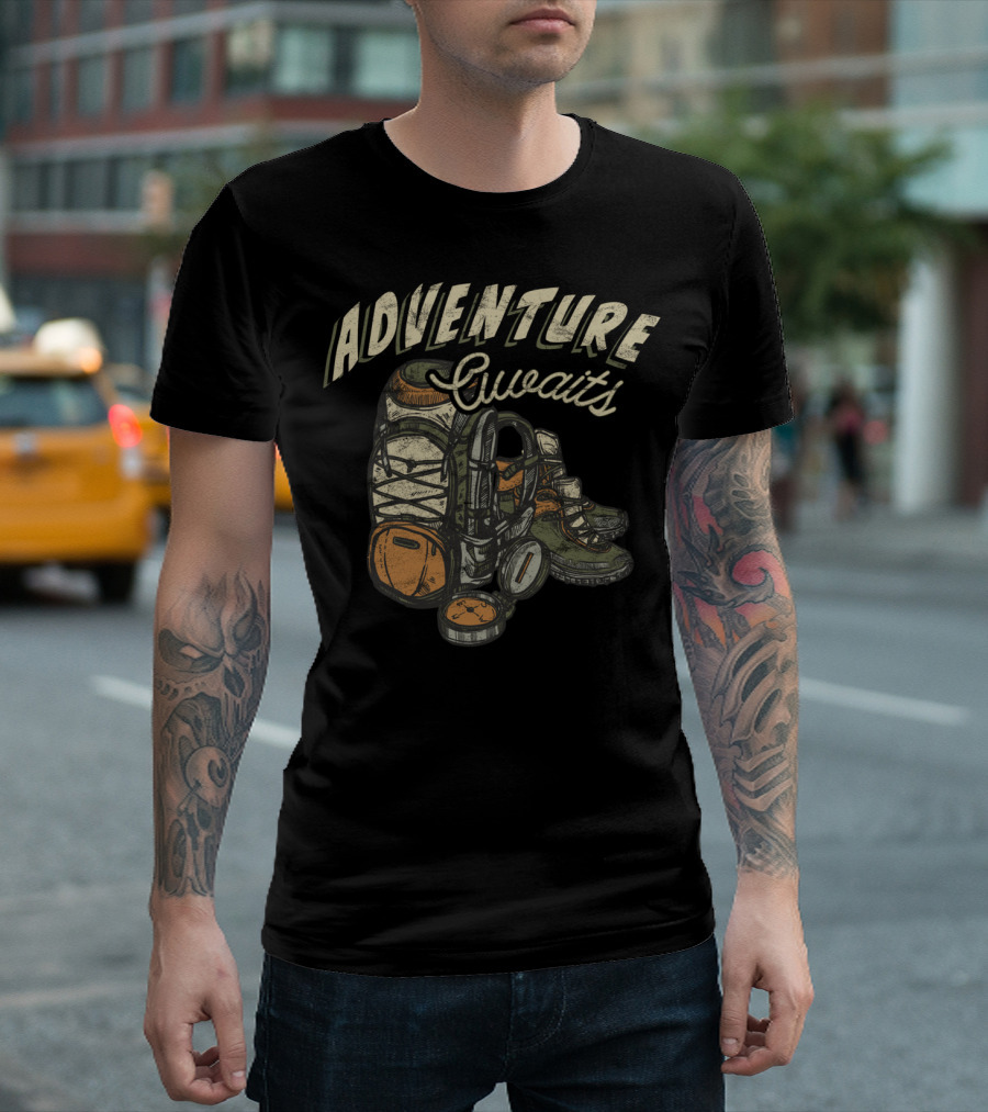 Adventure Awaits Backpack Hiking Boots Compass Camping Travel T-Shirt