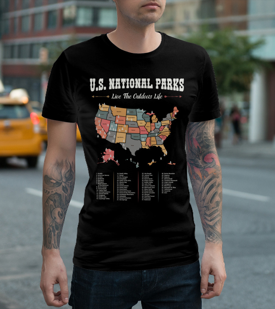 U.S. National Parks Map Live the Outdoors Life All 59 Hiking Camping List T-Shirt