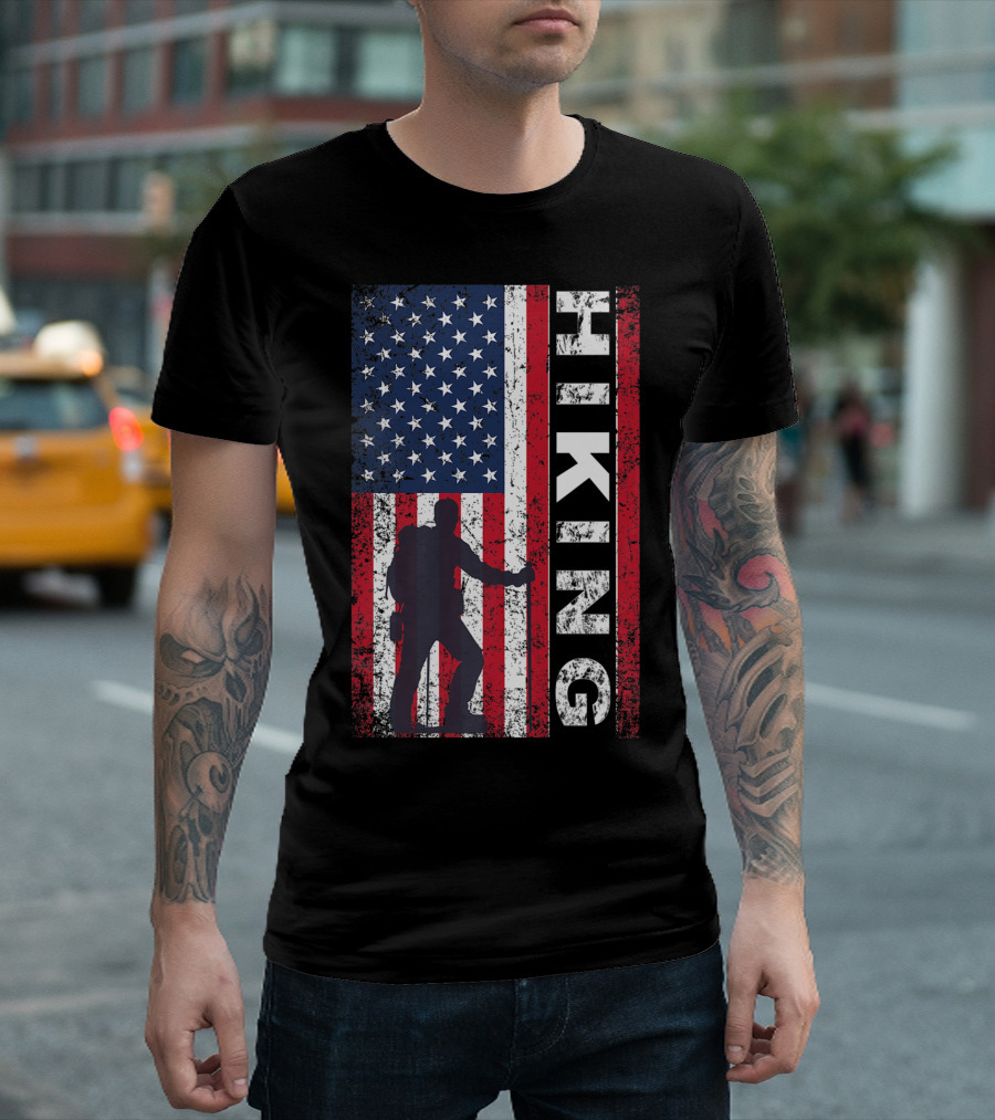 American Flag Hiking July 4th USA Patriotic Outdoors Enthusiast T-Shirt