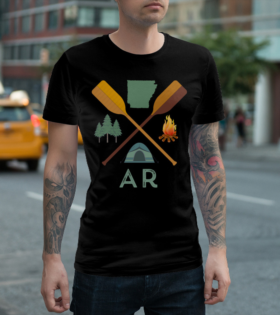 AR Camping Canoeing Hiking Nature Adventure with Trees, Tent, Campfire, and Paddles T-Shirt