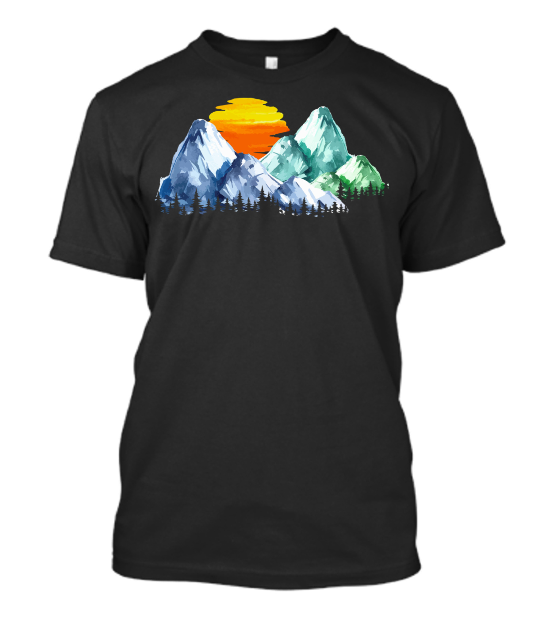Colorful Watercolor Mountains With Sunset And Forest Scene T-Shirt