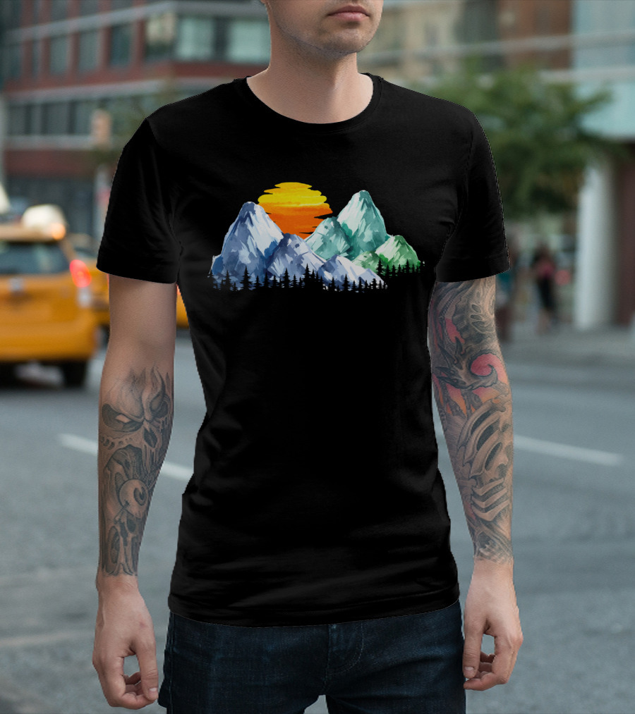 Colorful Watercolor Mountains With Sunset And Forest Scene T-Shirt
