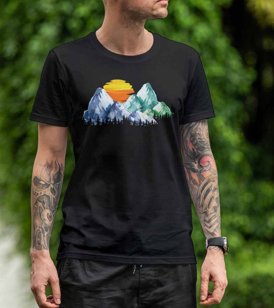 Colorful Watercolor Mountains With Sunset And Forest Scene T-Shirt