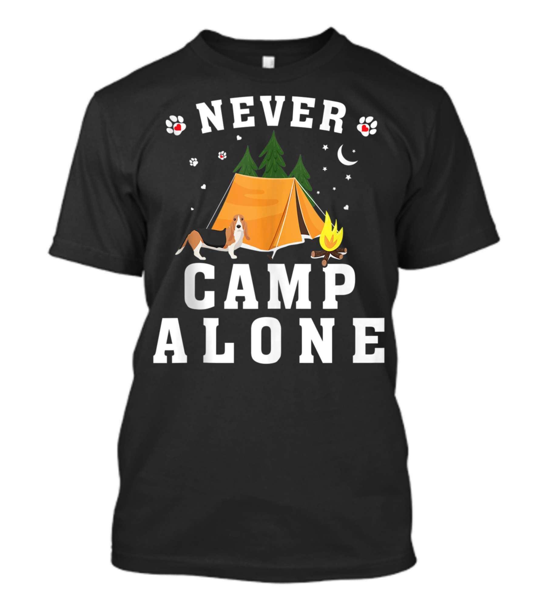 Never Camp Alone Basset Hound Dog Camping Outdoors Hiking T-Shirt
