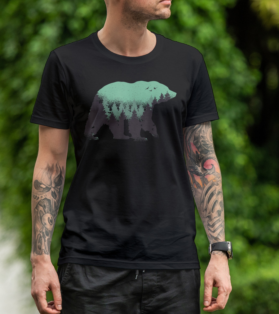 Bear Silhouette With Forest Camping Nature And Hiking Scene T-Shirt