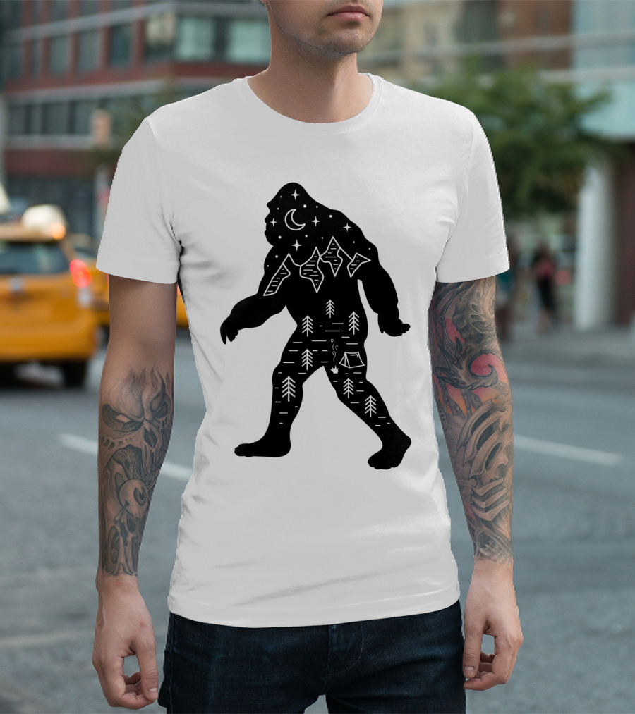 Bigfoot Sasquatch Hiking Under Night Sky with Trees and Tent T-Shirt