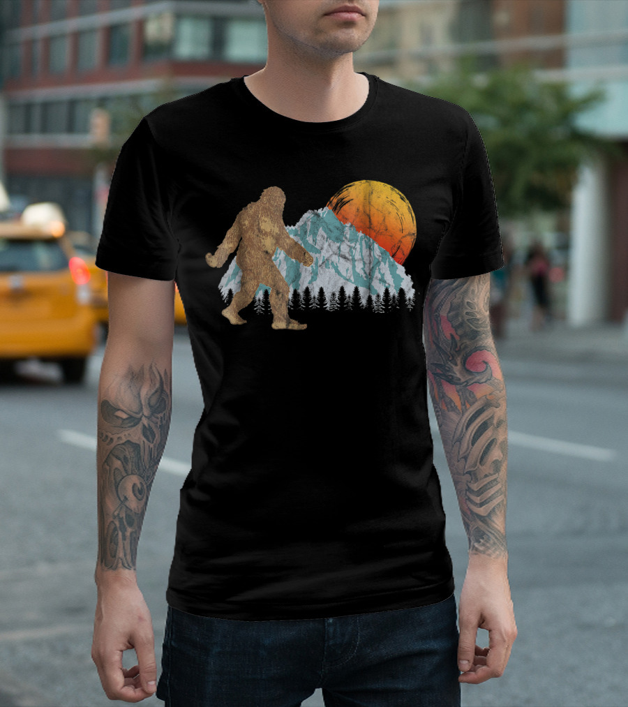 Bigfoot Sasquatch Hiking Mountain Moon Scene T-Shirt