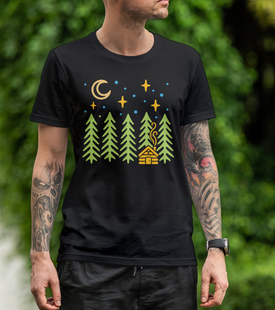 Cabin In The Woods Under Moonlit Forest Sky With Stars And Nature T-Shirt