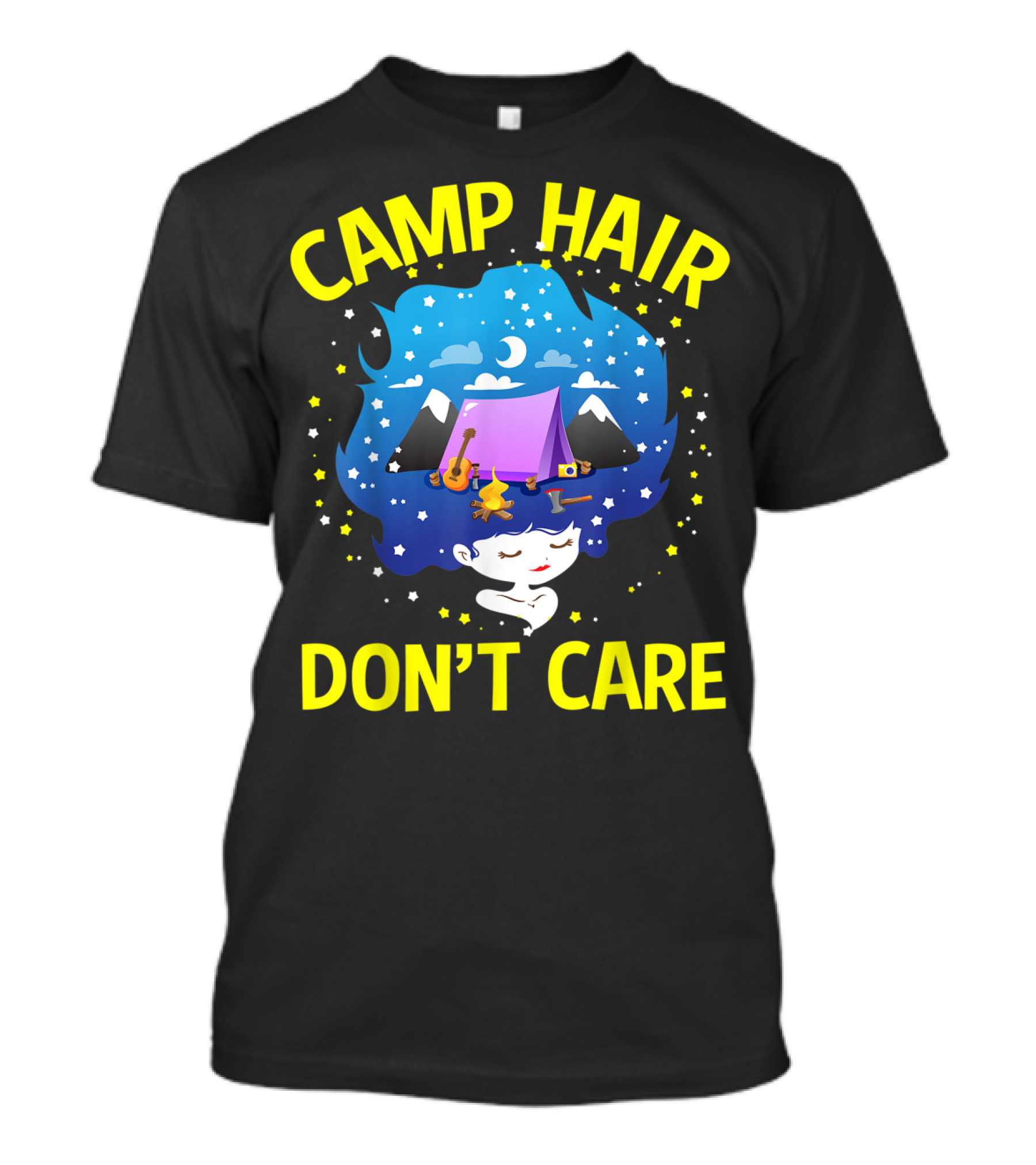 CAMP HAIR DON'T CARE Cute Summer Camp Night Sky Tent Music Stars T-Shirt