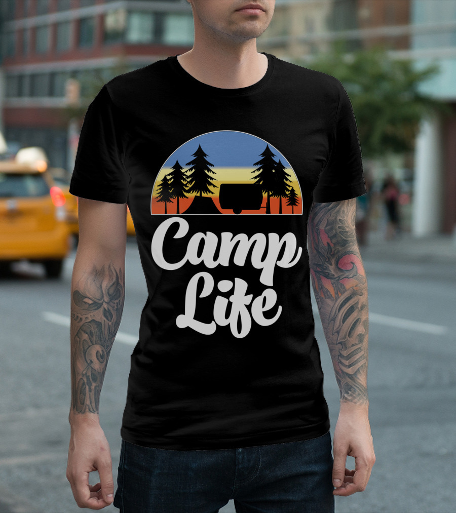 Camp Life Outdoor Nature Hiking Summer Trees Tent Sunset T-Shirt