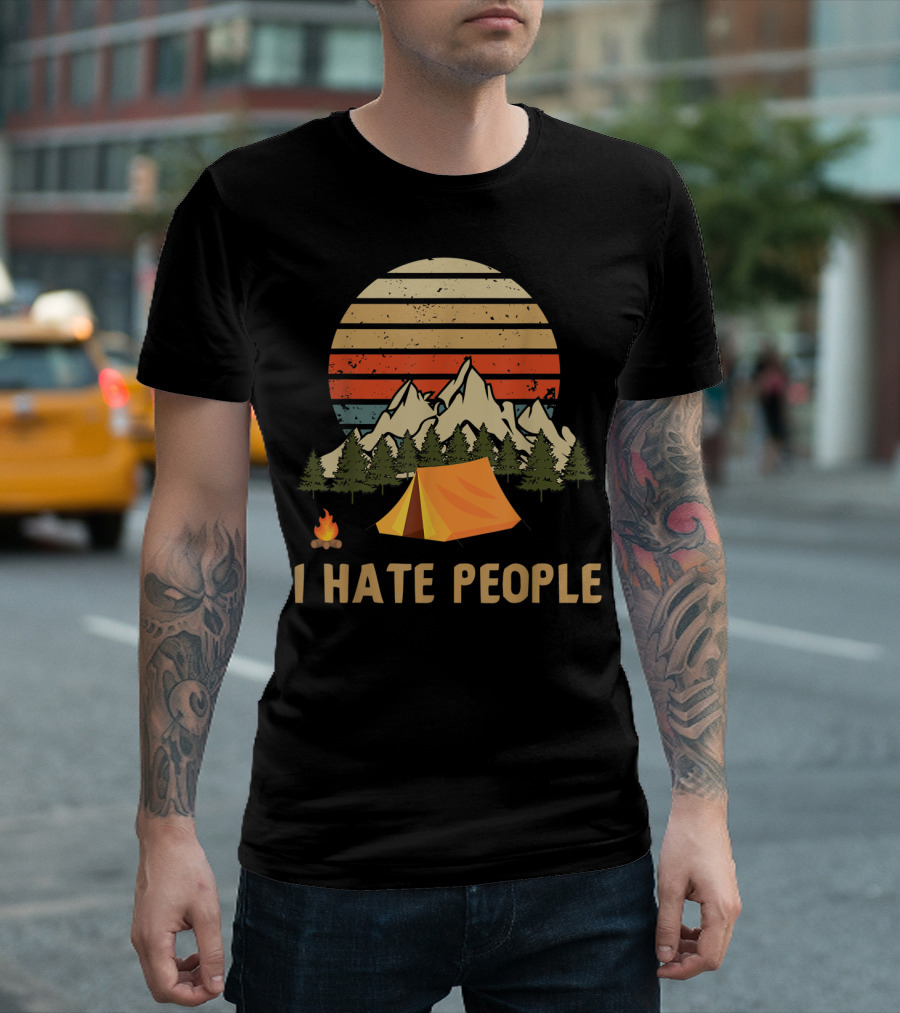 Camping Mountains I Hate People Retro Sunset Tent T-Shirt