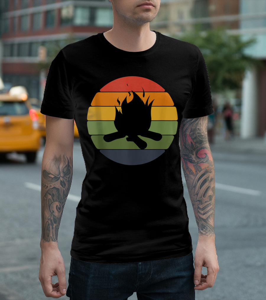 Camping Outdoor Nature Hiking Summer Campfire Retro Stripe T-Shirt